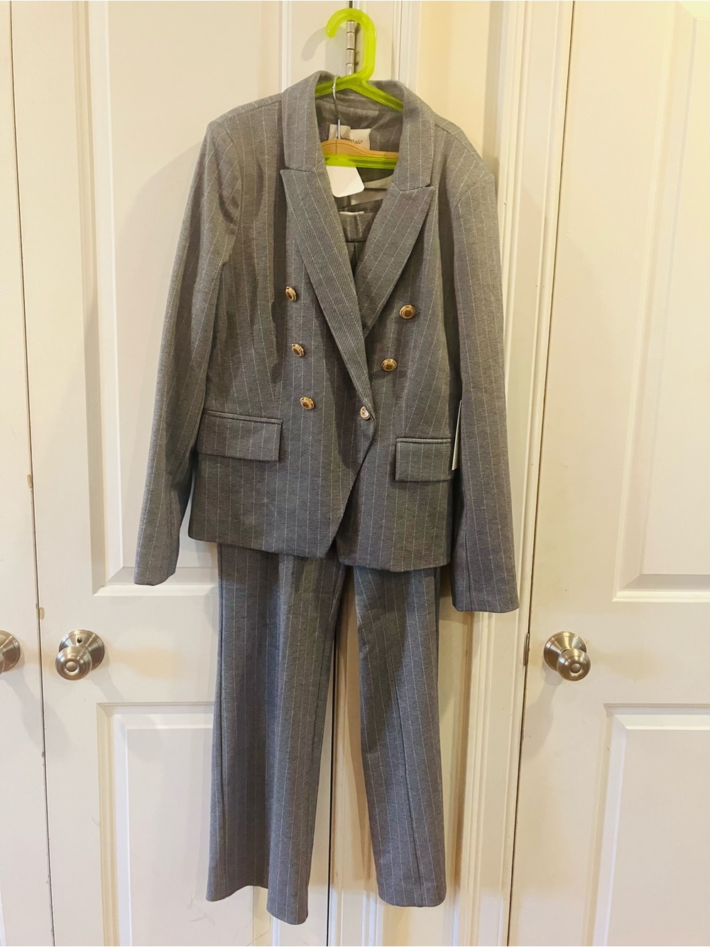 Double-Breasted Gray Pinstripe Women's Suit Blazer & Trousers